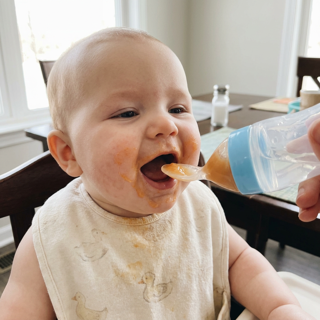 Baby opening wide for the soft silicone spoon tip