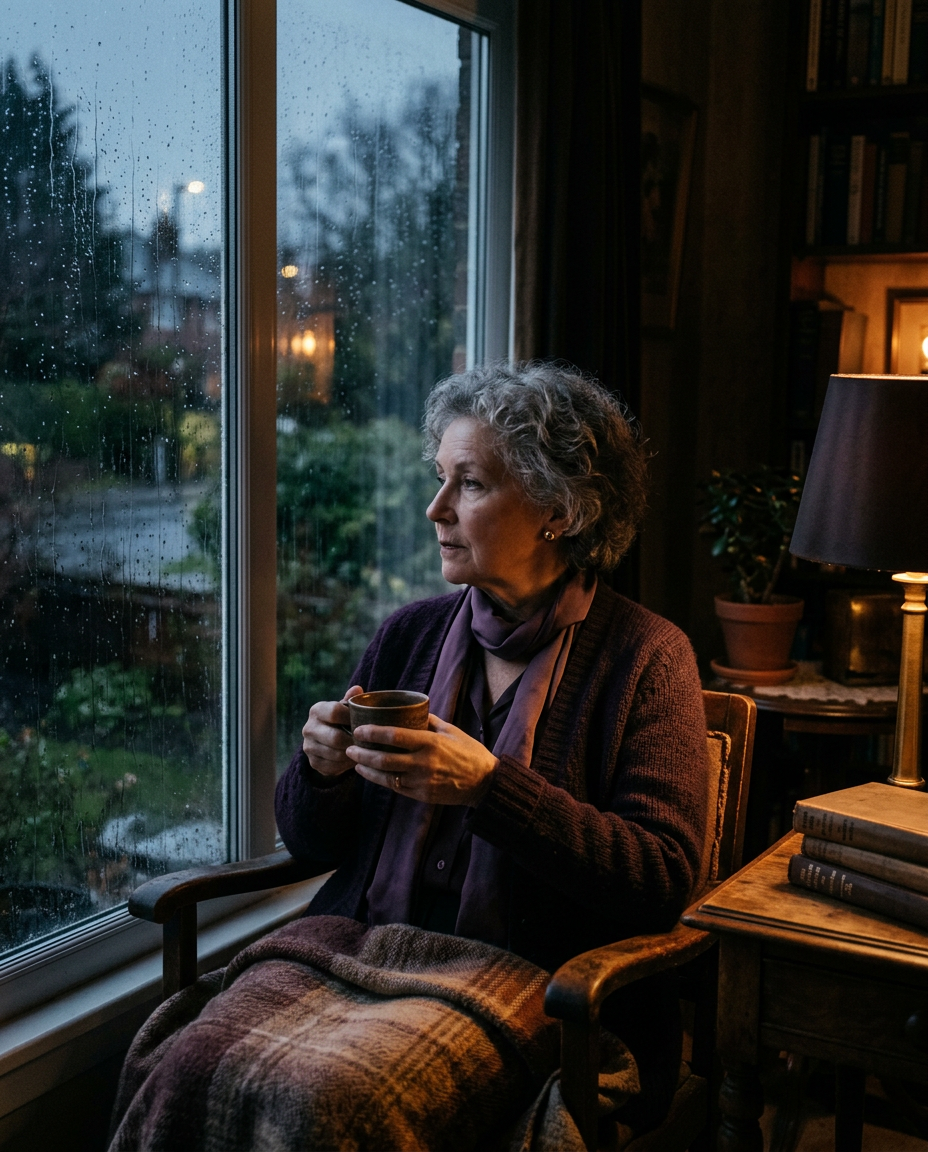 Older woman sitting by a rainy window holding a cup of tea