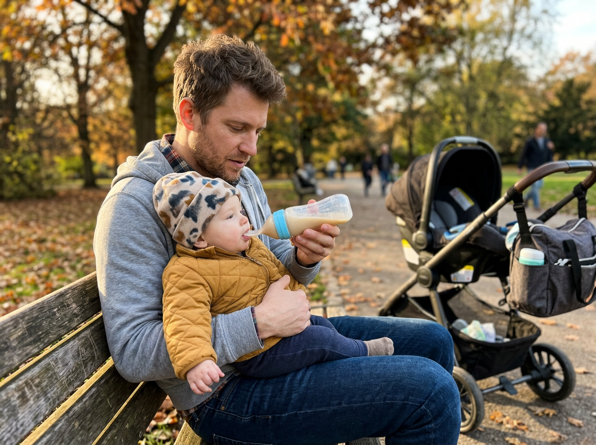 Dad feeding his baby one-handed on a park bench