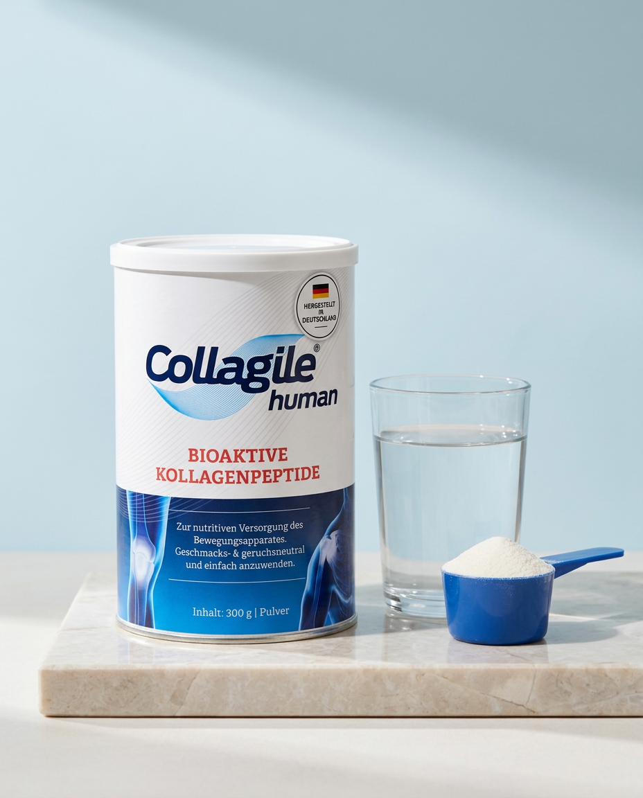 Collagile® human Dose mit einem Glas Wasser und gefülltem Messlöffel