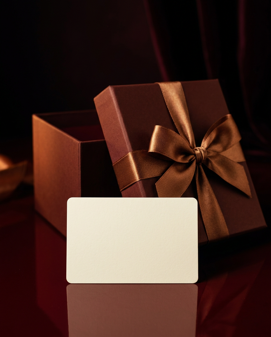An ivory gift card in front of an open brown gift box tied with a bronze satin bow
