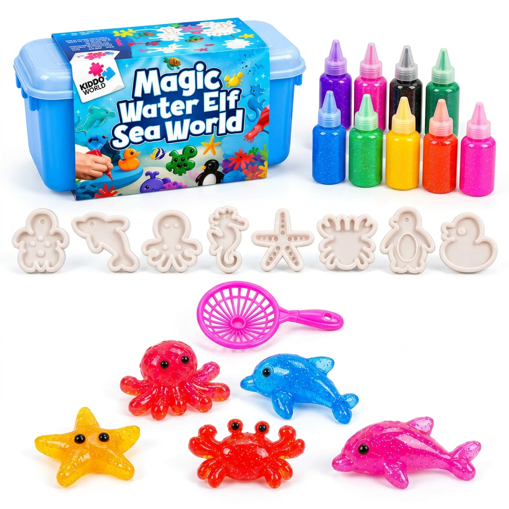Magic Water Squishies készlet tárolódobozzal, színes gélekkel, formákkal és kész squishykkel
