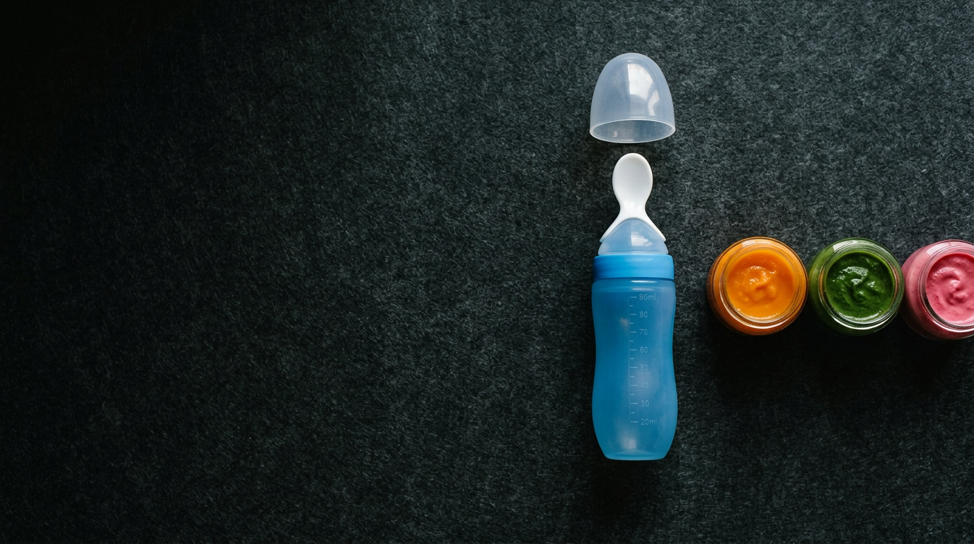 Blue silicone squeeze spoon bottle with travel cap and colorful baby purées