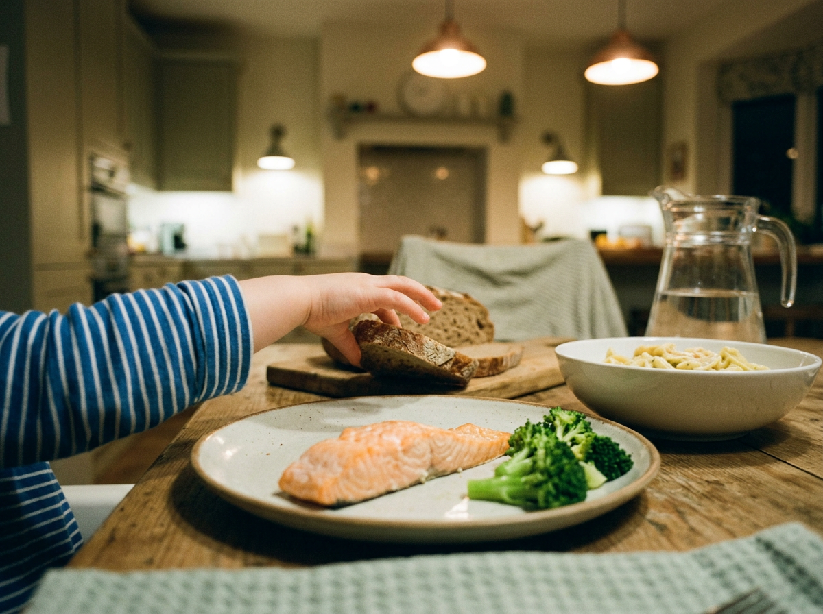 Child's dinner plate with an untouched salmon fillet while a small hand reaches for bread instead