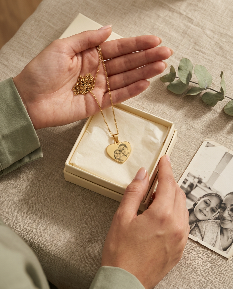 Handen leggen een gouden hartjesketting met gegraveerde foto in een cadeaudoosje