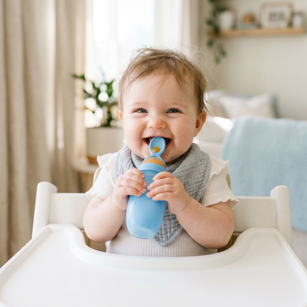 Baby holding the squeeze spoon and self-feeding
