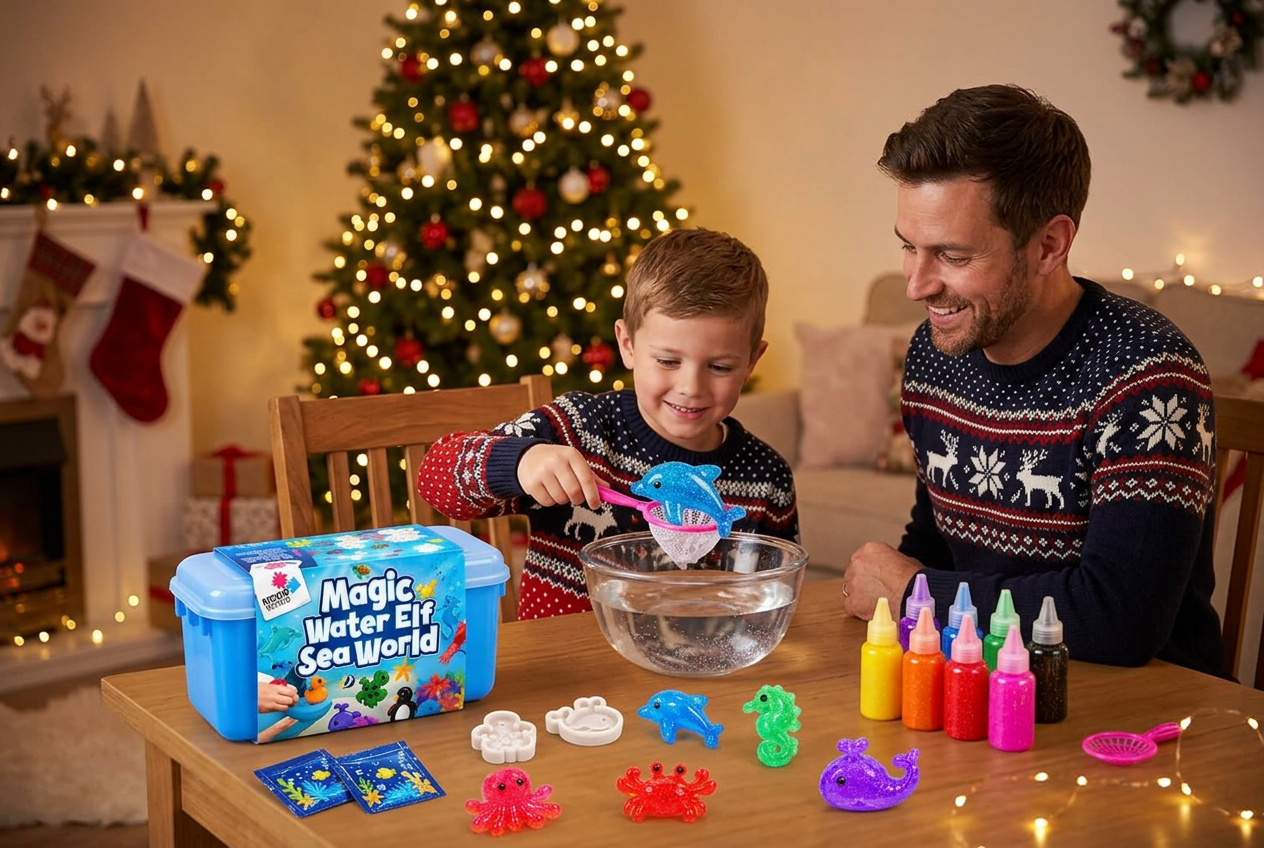 Kisfiú az apukájával szenteste hálóval halássza ki a csillámos squishy delfint a vizes tálból