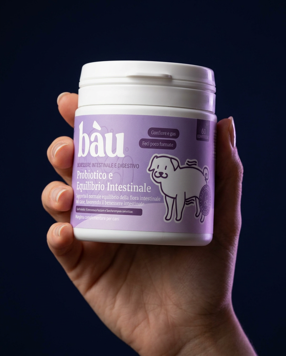 Mano che tiene il barattolo Probióticos y salud intestinal su sfondo blu notte