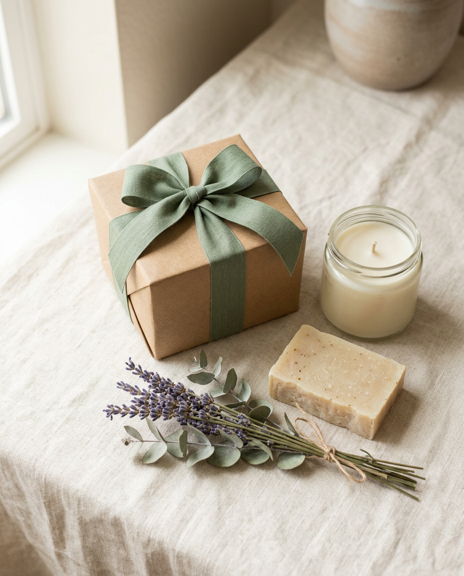 Boîte-cadeau en papier kraft avec ruban vert sauge, bougie et savon artisanal
