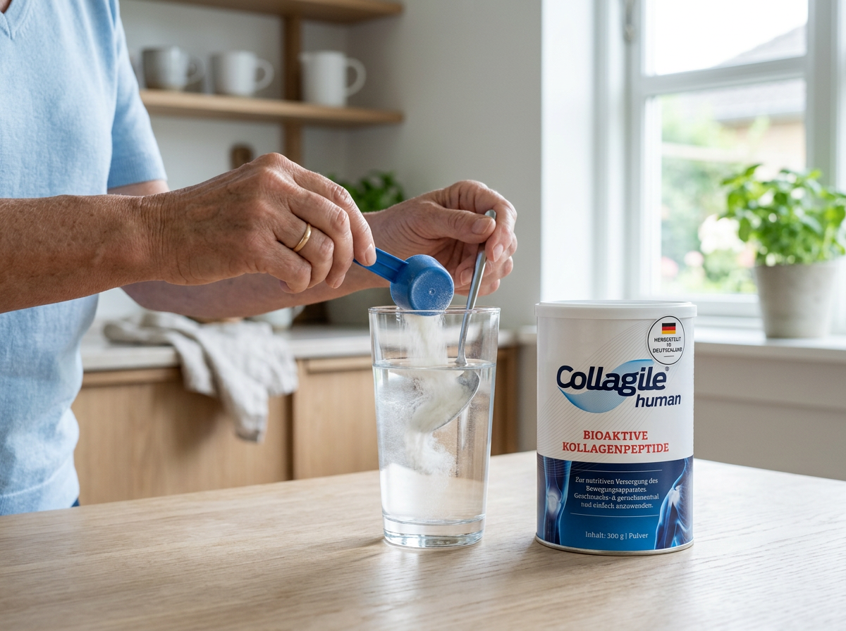 Collagile® human wird mit dem Messlöffel in ein Glas Wasser eingerührt