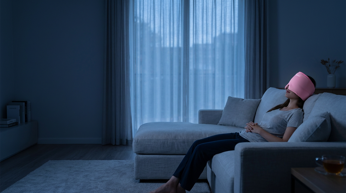 Woman reclining on a sofa in a dim living room with the Ice Gel Cap covering her forehead and eyes