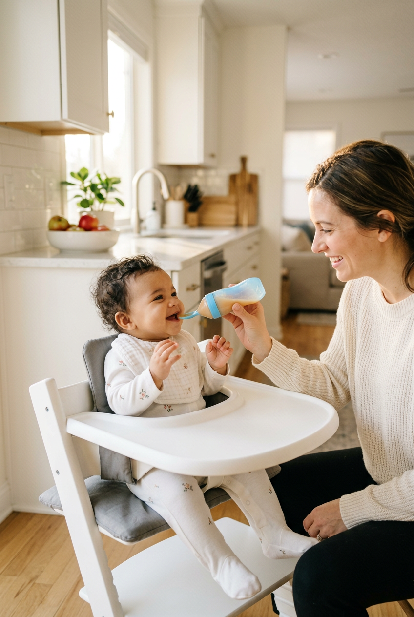 After: clean, happy baby fed calmly with the Baby Spoon