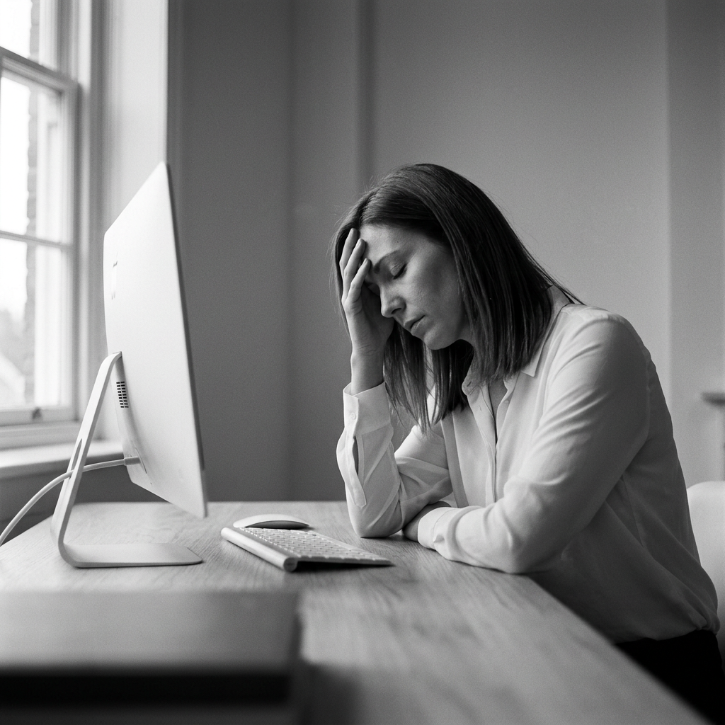 The same woman slumped at her desk in black and white, head in her hand during the afternoon slump