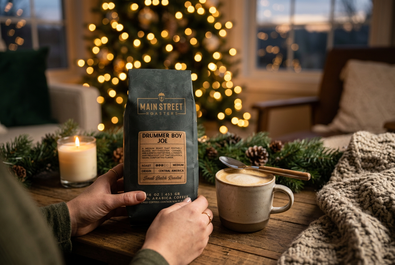 Hands holding a bag of Drummer Boy Joe coffee beside a candle, a creamy mug and glowing Christmas lights