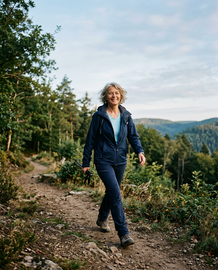 Aktive Frau um die 60 beim Wandern auf einem Waldweg