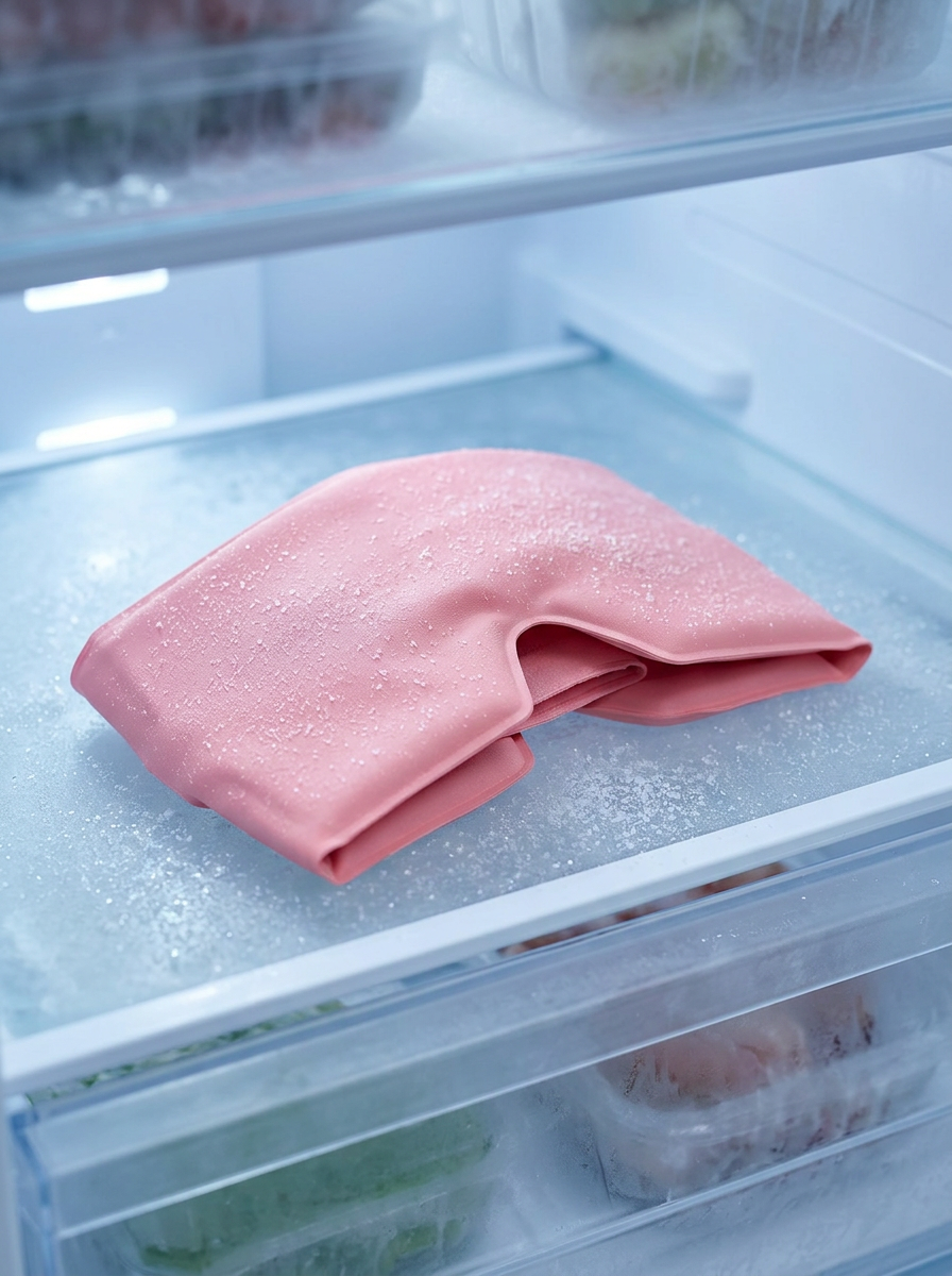 Gel head wrap chilling on a freezer shelf
