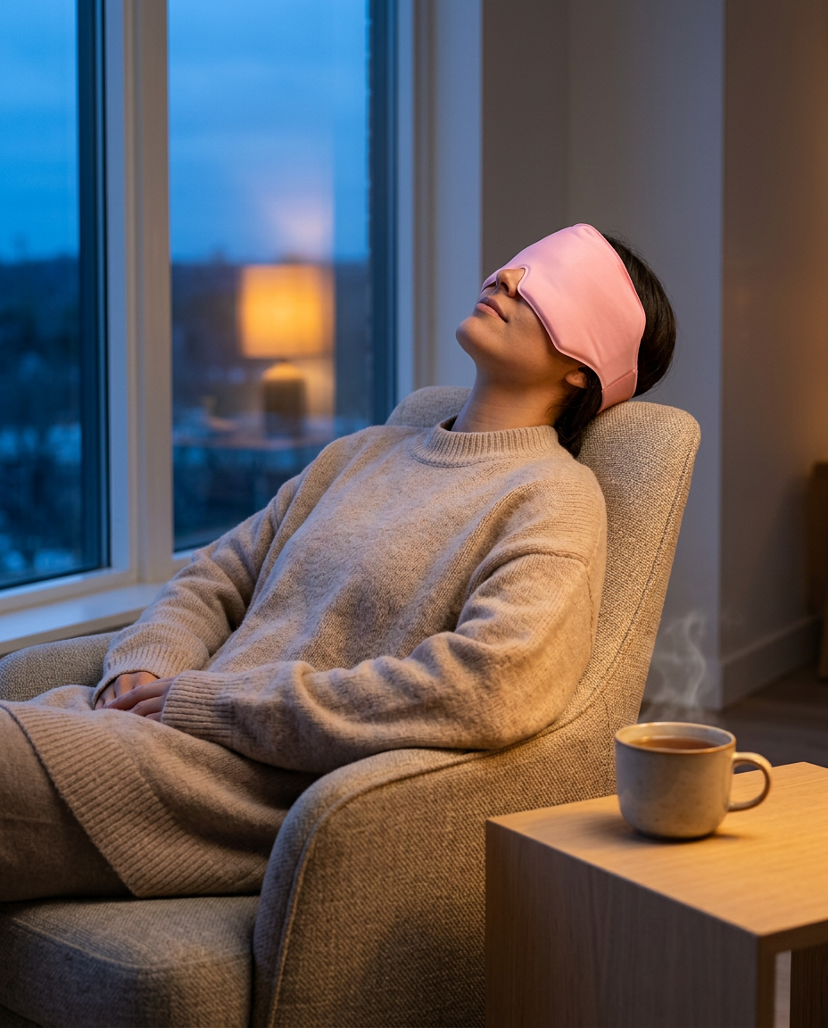 Person relaxing in an armchair by the window wearing the warm gel head wrap, a mug of tea beside them