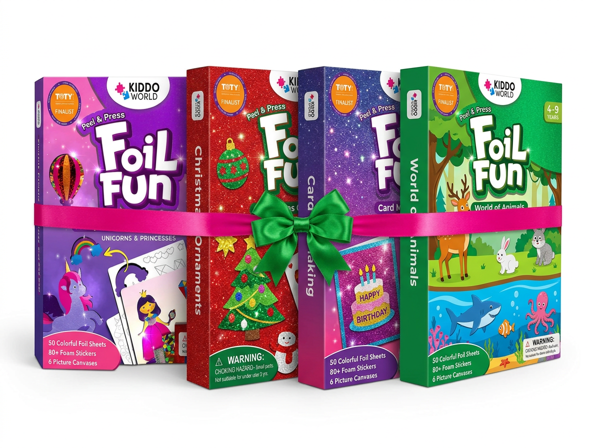 Všechny čtyři sady Foil Fun svázané stuhou jako jeden velký dárek