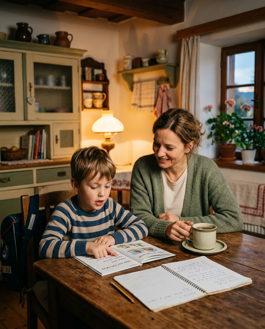 Boy reading his school book aloud at the kitchen table while his mother listens