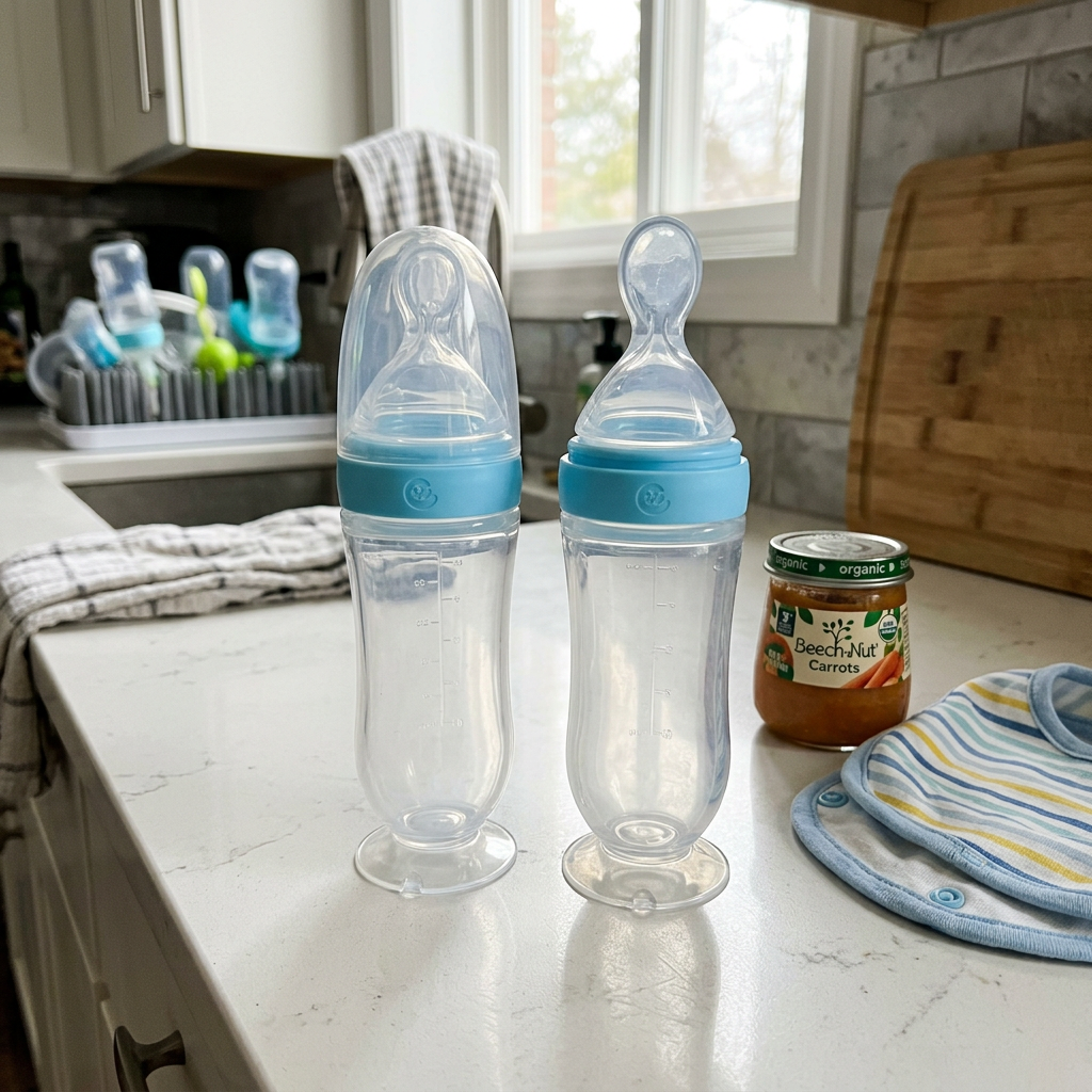 Two feeding spoons standing upright on their suction bases