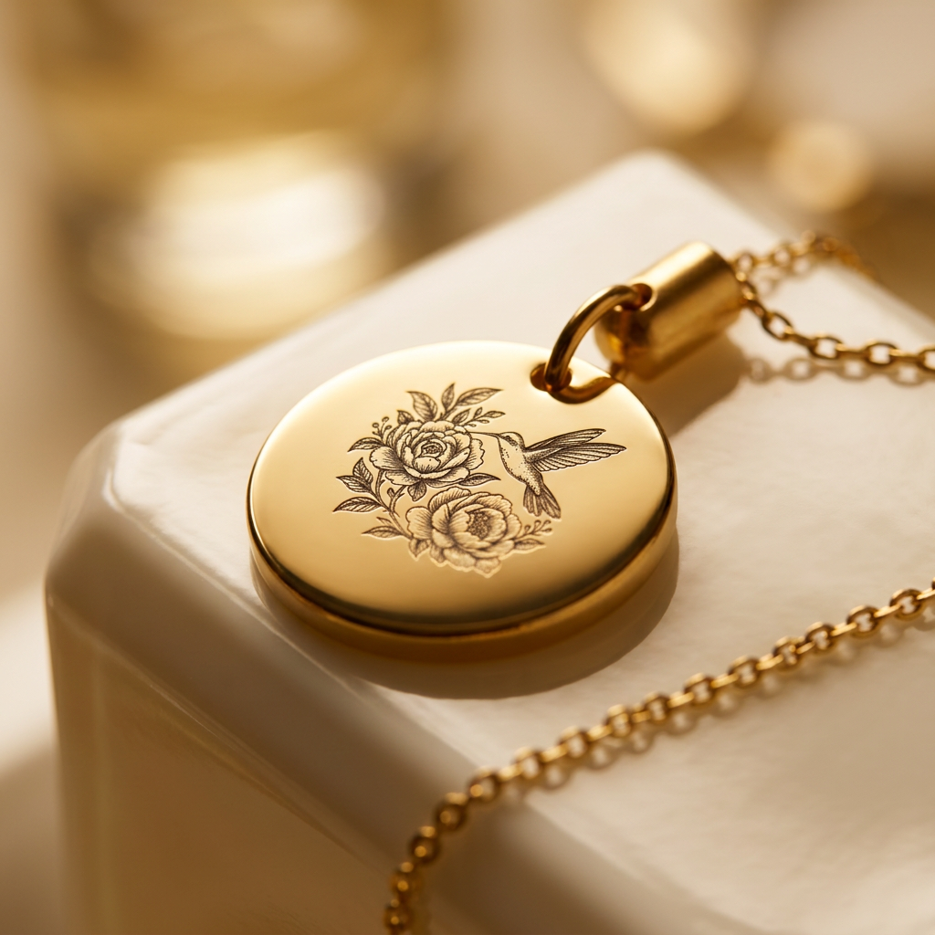 Close-up van het gouden medaillon met gegraveerde kolibrie en pioenrozen op het ivoorwitte flacon