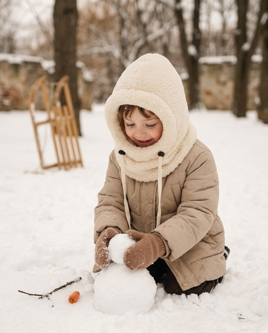 Child building a snowman wearing the Snugglo Cloud Hood
