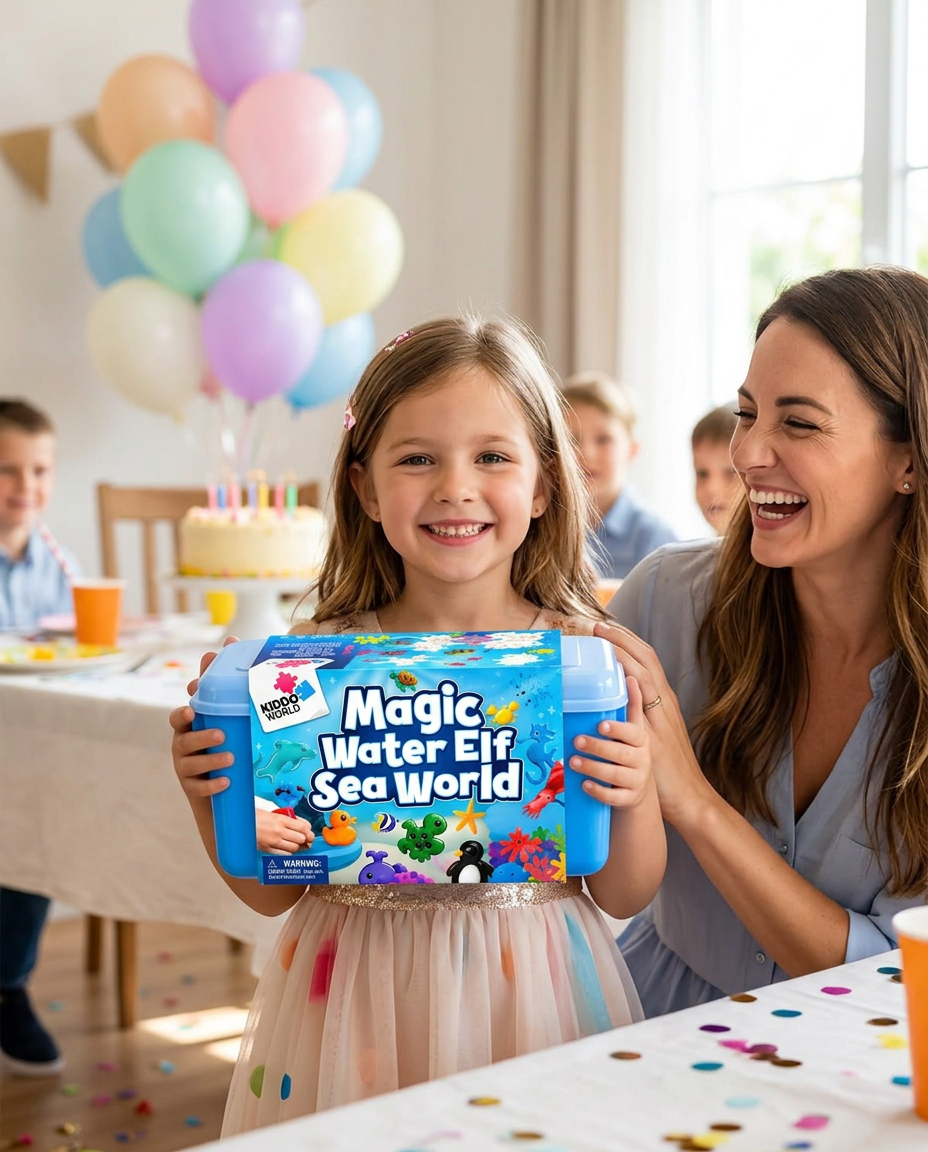 Kislány a születésnapi bulin boldogan mutatja a kibontott Magic Water Squishies készletet, mellette nevet az anyukája