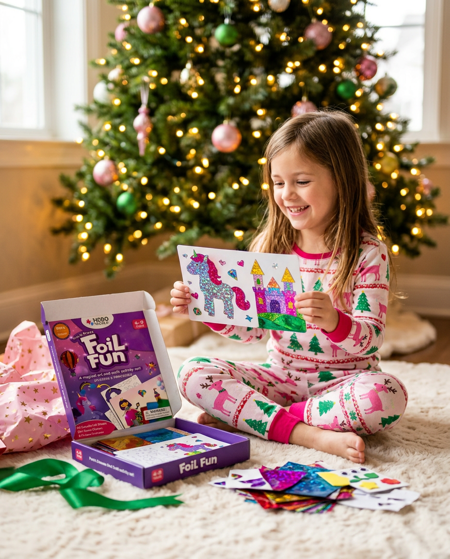 Holčička pod vánočním stromečkem ukazuje třpytivý obrázek jednorožce ze sady Foil Fun