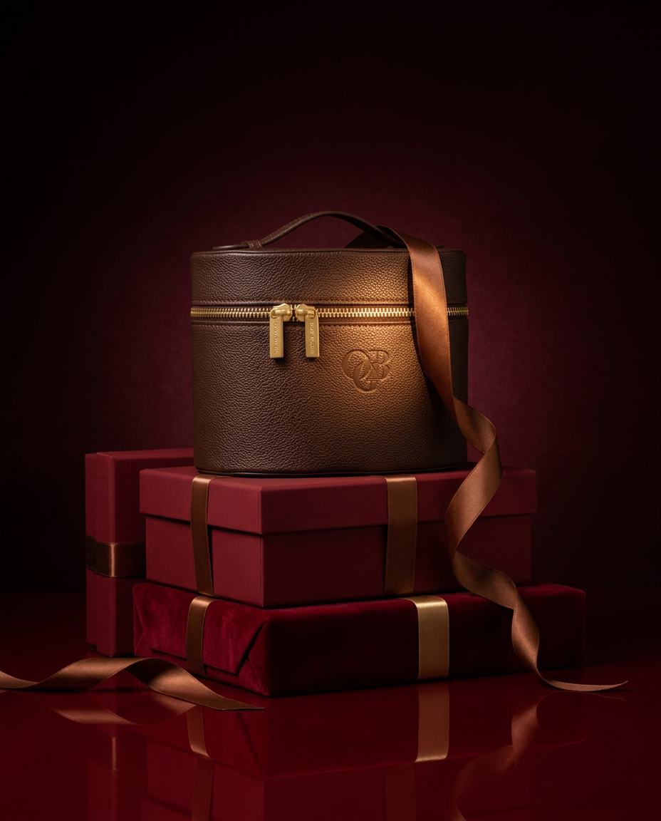 The OGB chocolate vanity case on stacked crimson gift boxes with a bronze satin ribbon