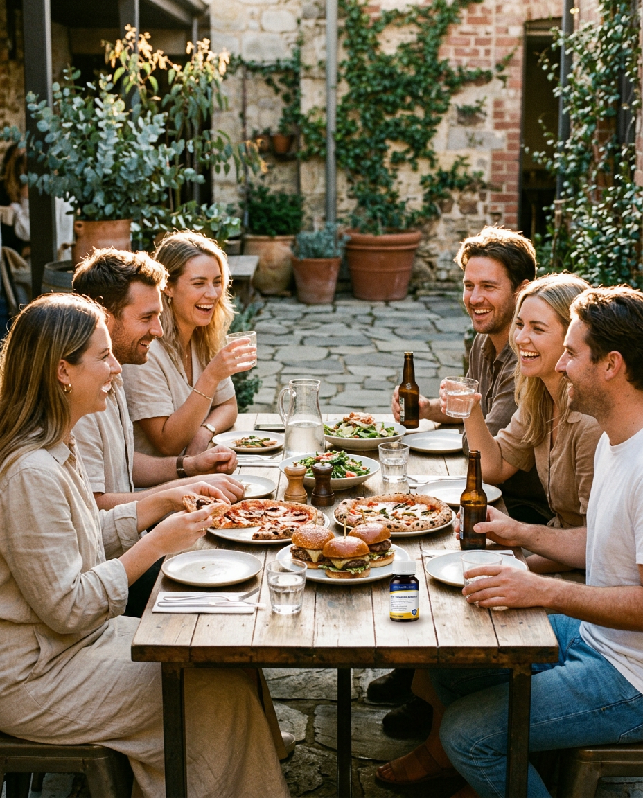 Friends laughing over burgers and pizza at a sunny courtyard table