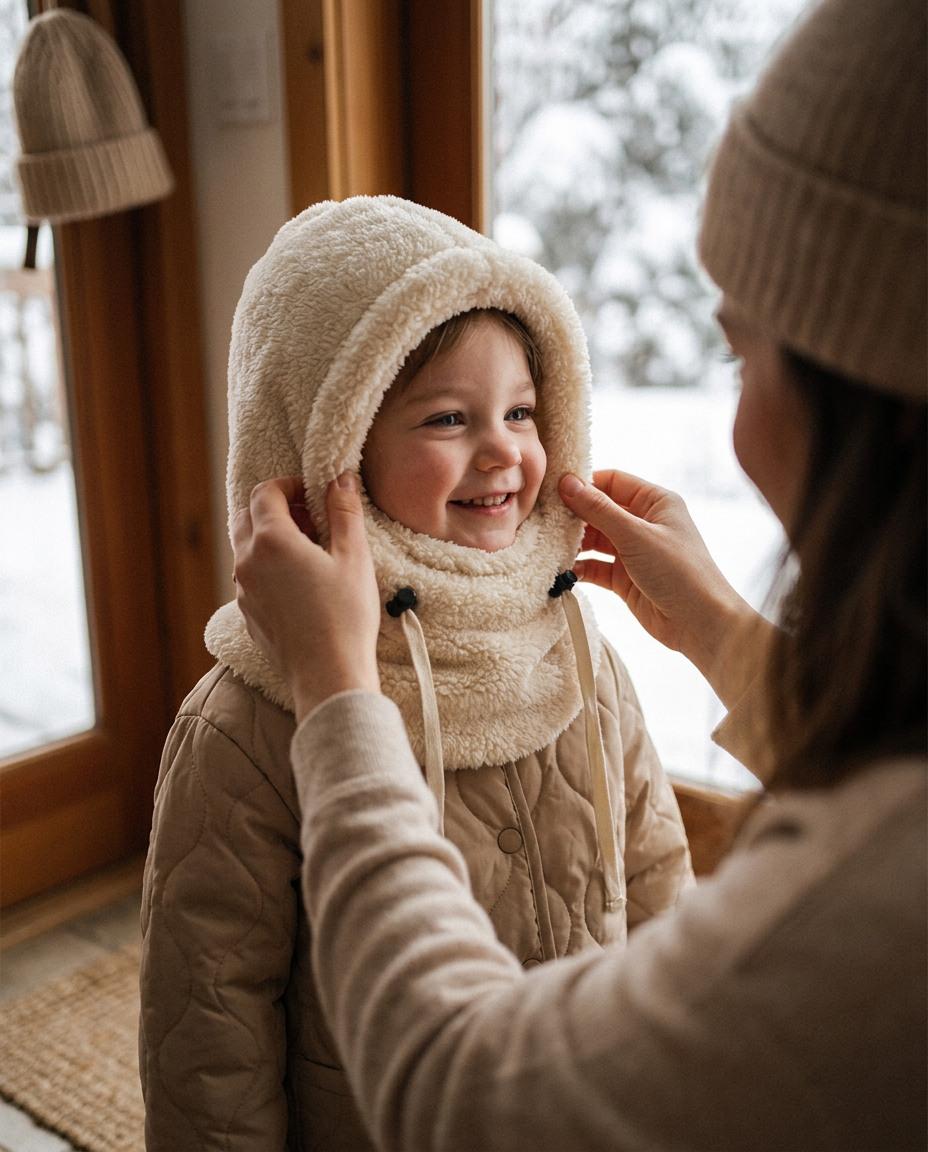 Parent adjusting the Snugglo Cloud Hood on a smiling toddler at the front door
