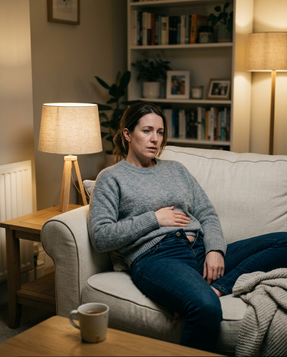 Woman on the couch with her hand on her stomach, feeling bloated after dinner