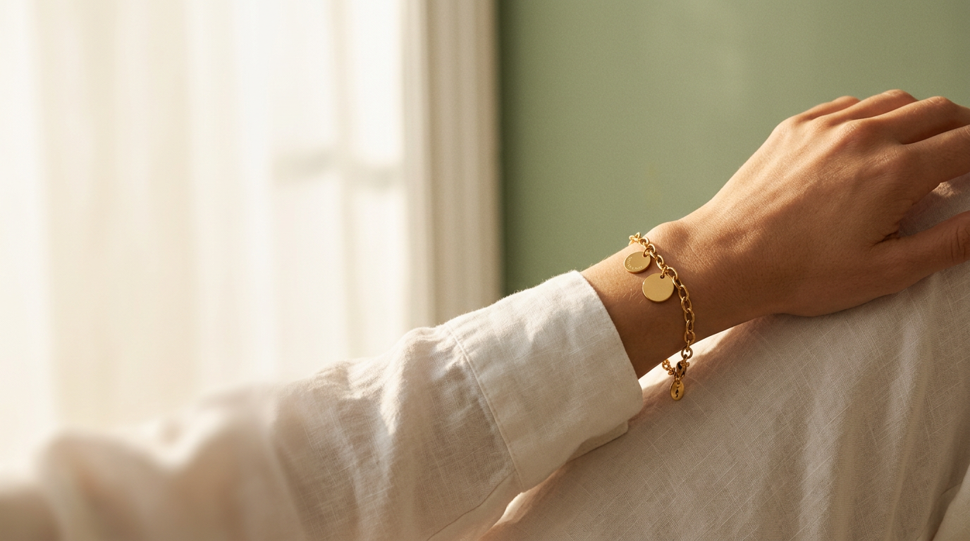 Gouden bedelarmband met gegraveerde bedels om een pols bij zacht zonlicht