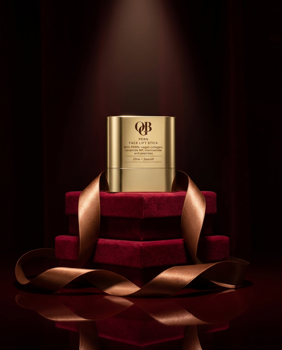 The gold PDRN Face Lift Stick standing on stacked crimson gift boxes with a bronze satin ribbon