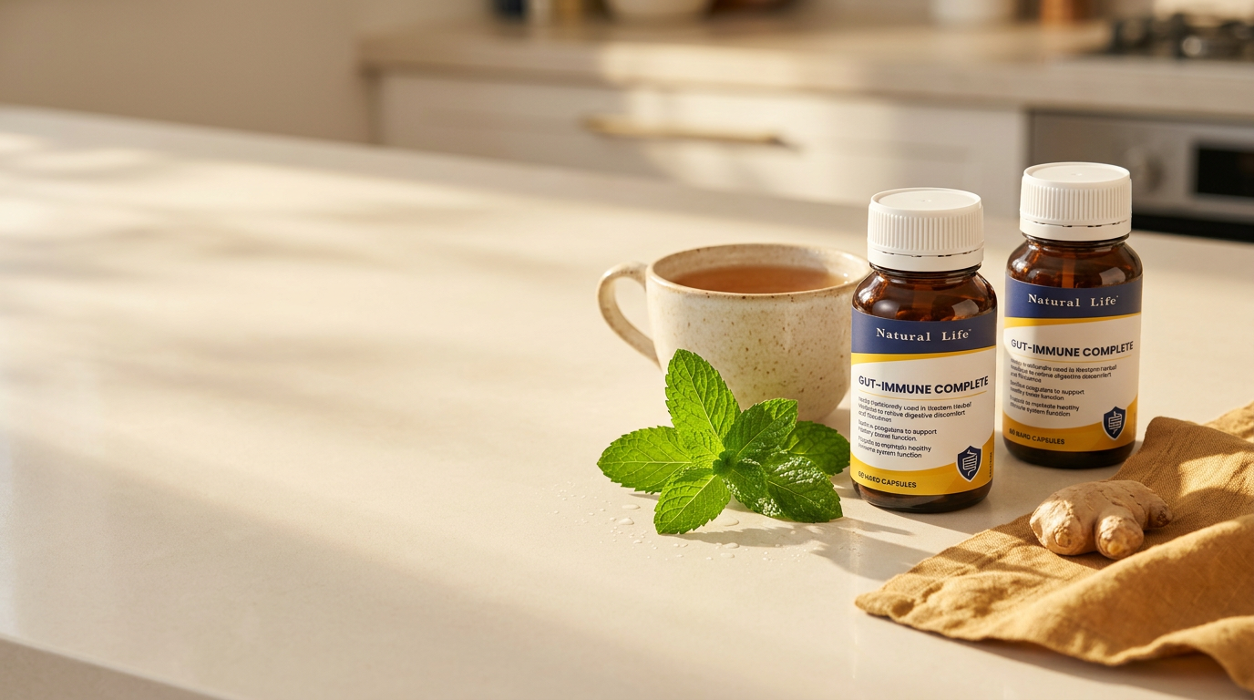 Two bottles of Gut-Immune Complete on a sunny kitchen bench with tea, peppermint and ginger