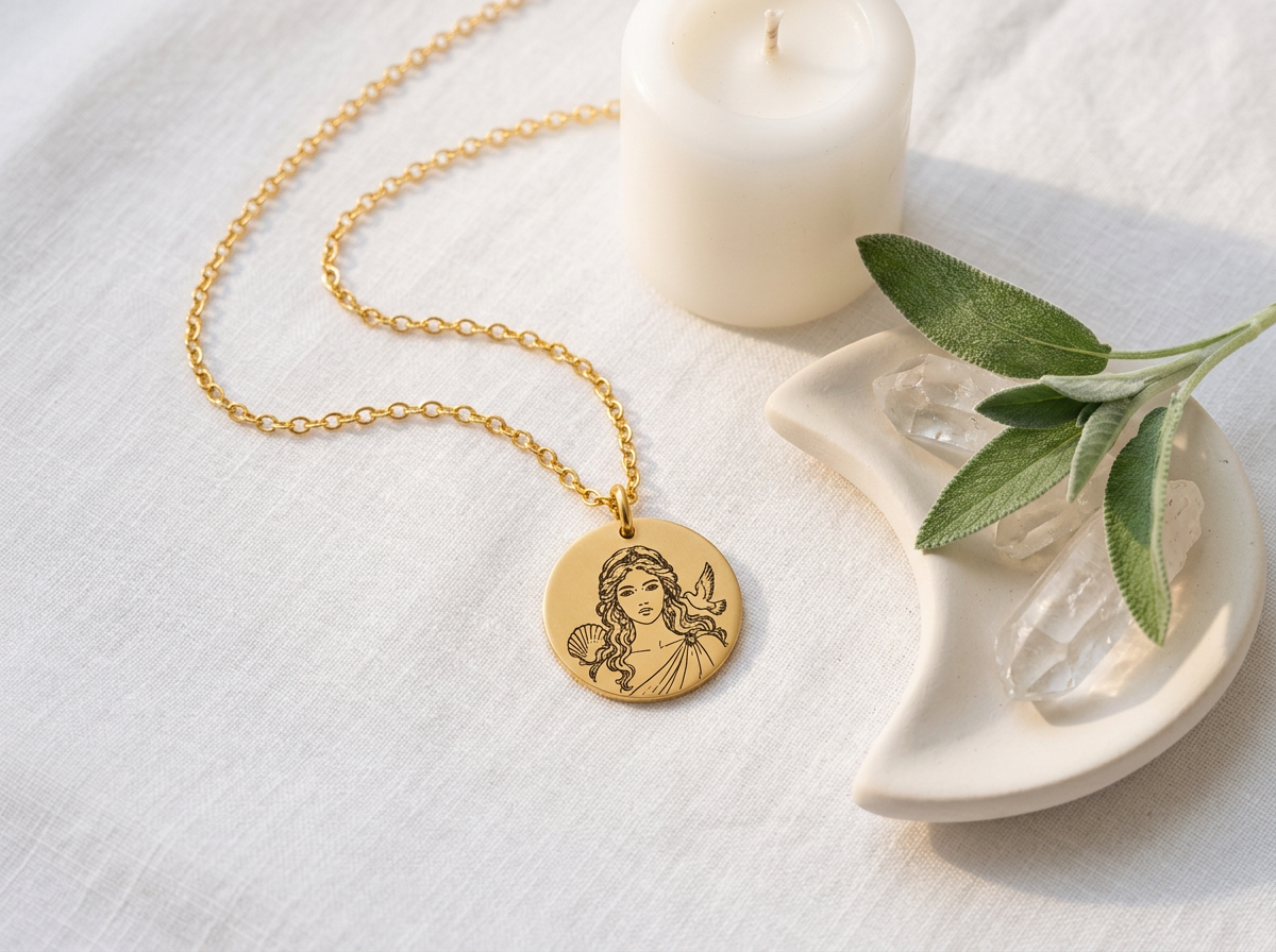 Gouden Aphrodite-hanger op wit linnen naast een kaars, kristallen en salie