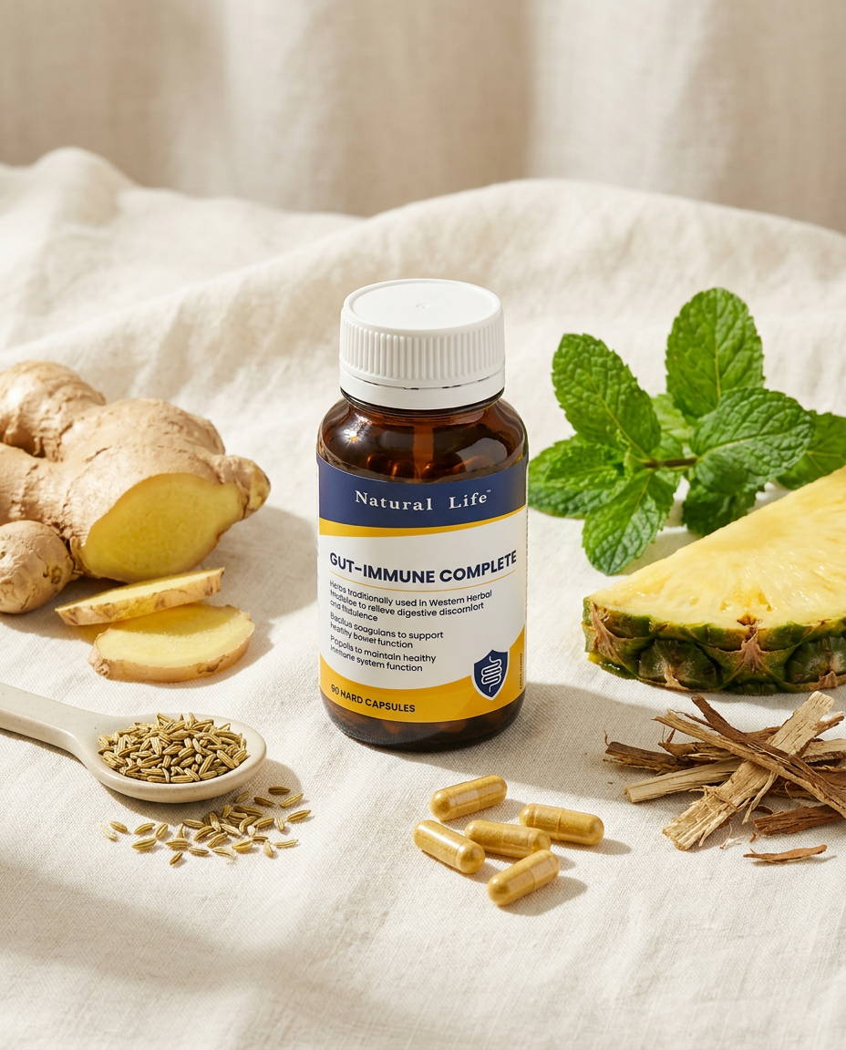 Gut-Immune Complete surrounded by ginger, fennel seeds, peppermint, pineapple and slippery elm bark