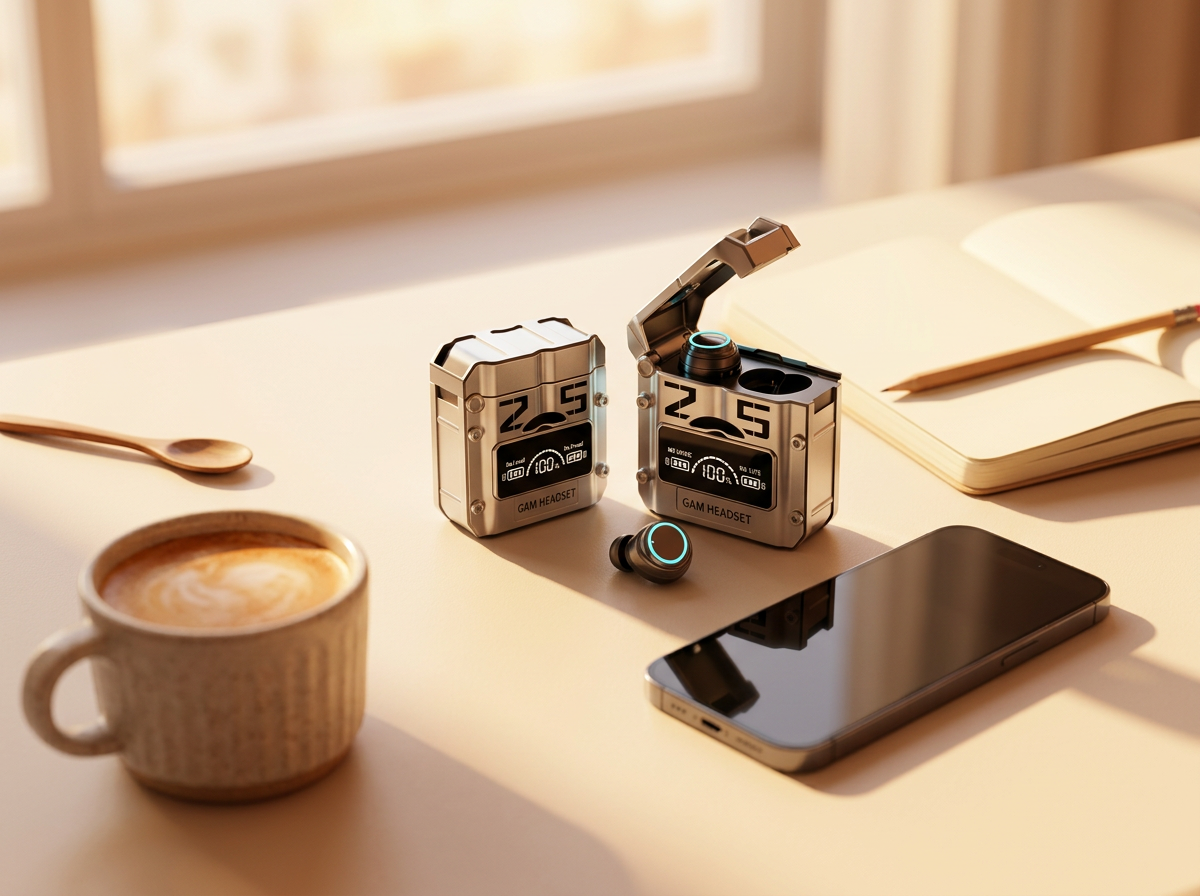 Wireless earbuds and charging case on a sunlit desk beside a phone and coffee