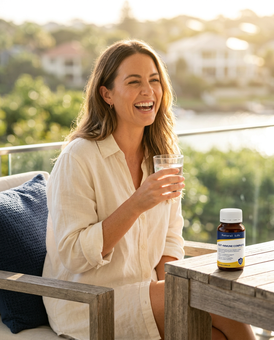Woman laughing on a sunny balcony with a glass of water, Gut-Immune Complete on the table beside her