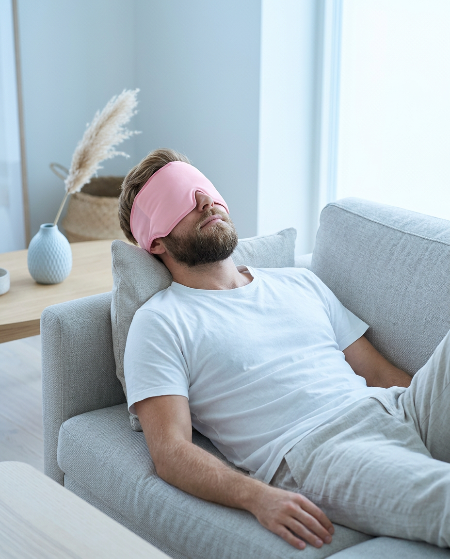 Man relaxing on a sofa with the Hot & Cold Gel Head Wrap pulled down over his forehead and eyes