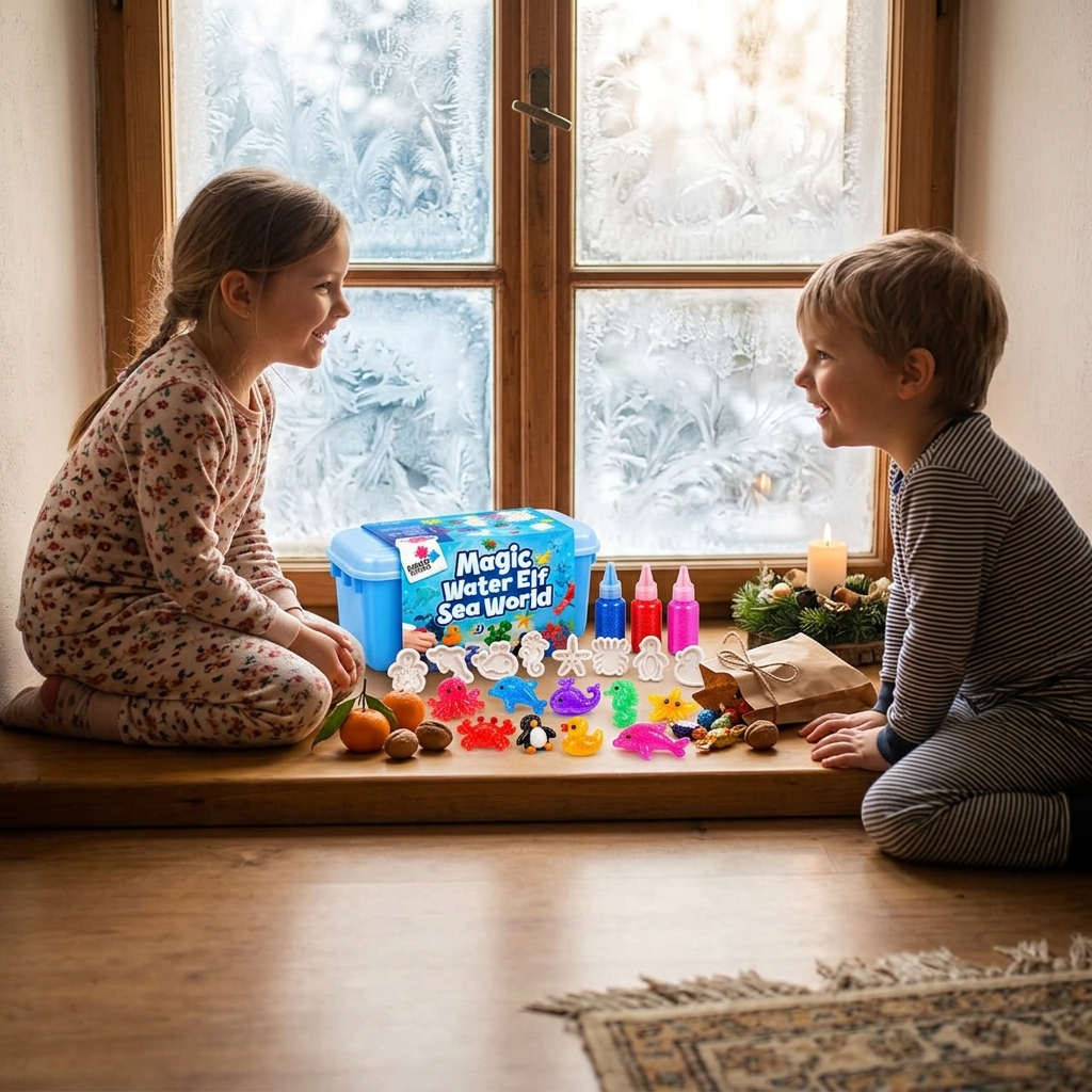 Pizsamás testvérek örülnek a Magic Water Squishies készletnek a Mikulás-csomagban, mandarin és édesség mellett