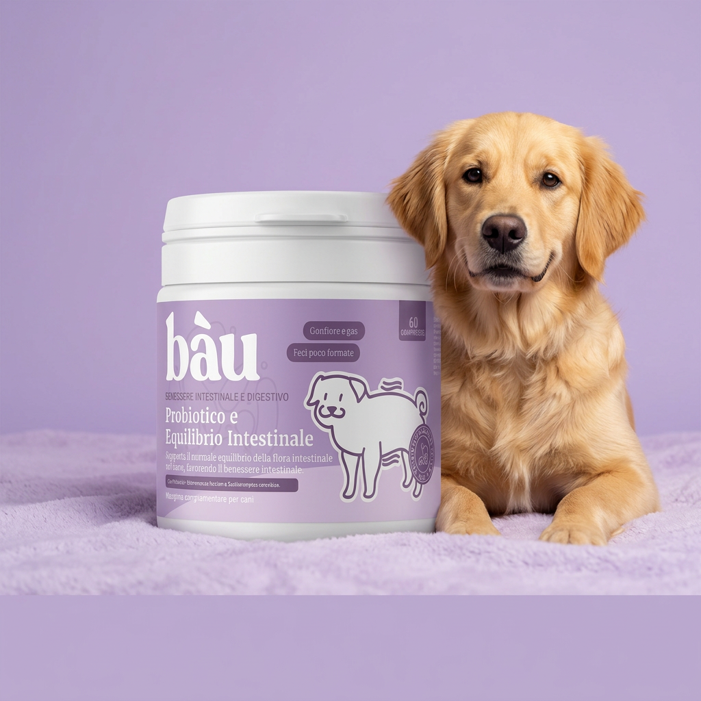 1 confezione di Probióticos y salud intestinal accanto a un golden retriever