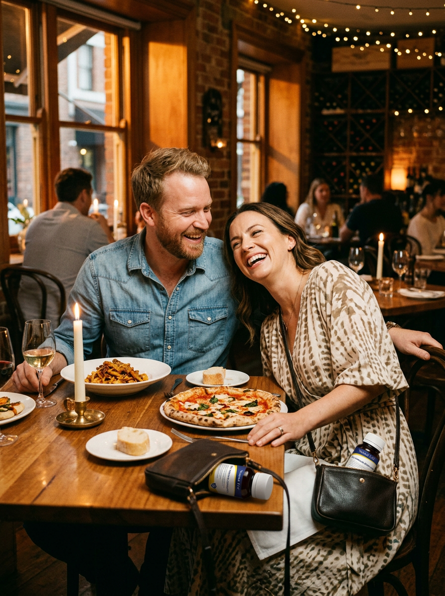 Couple laughing over pizza and pasta at a candlelit restaurant