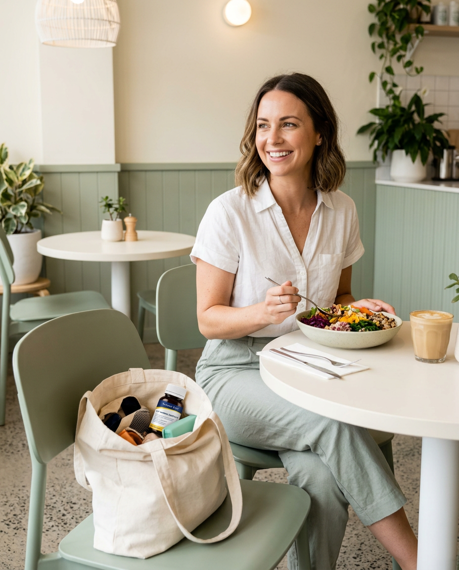 Smiling woman enjoying lunch at a café, Gut-Immune Complete in her tote bag