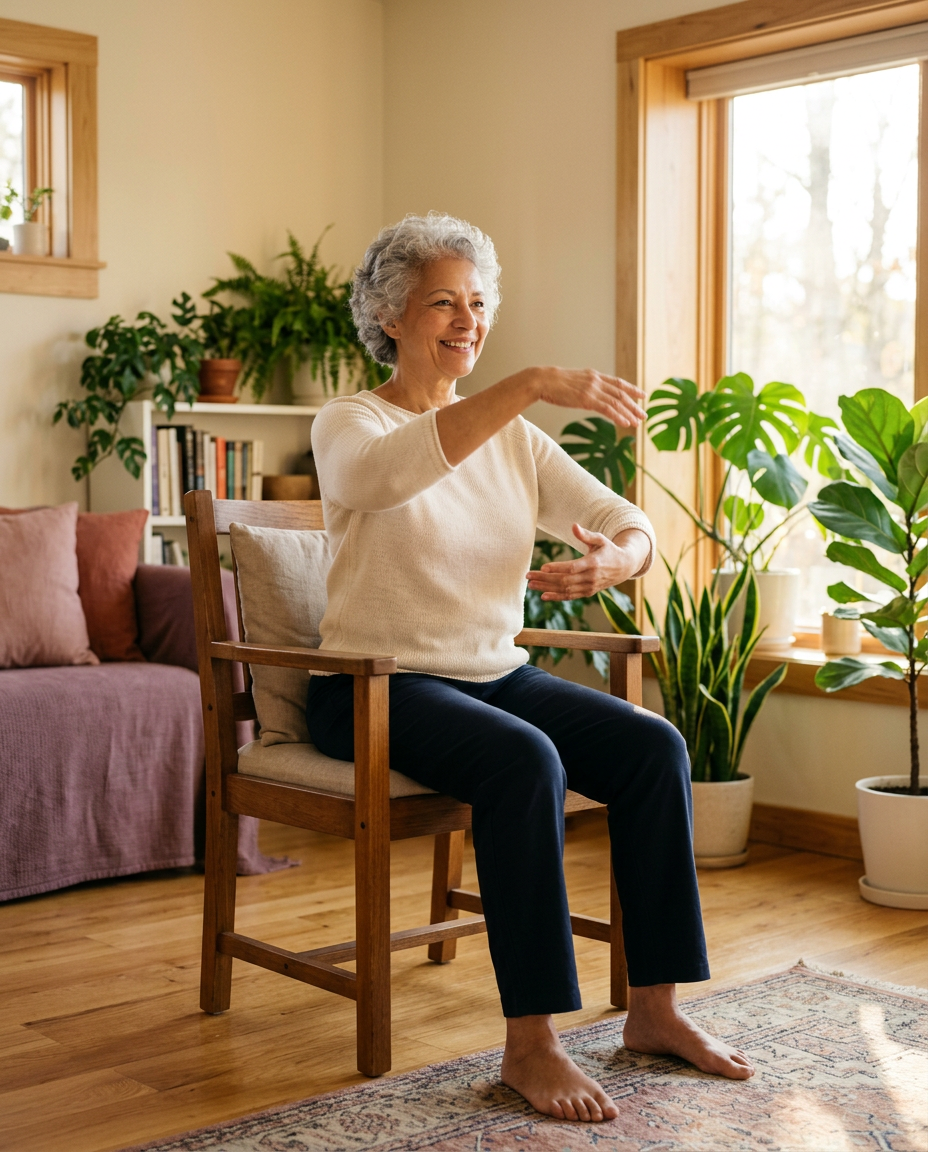 Smiling woman practicing chair tai chi in a sunlit living room
