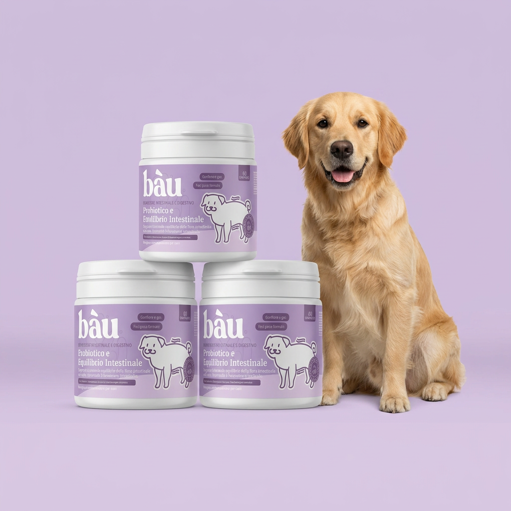 3 confezioni di Probióticos y salud intestinal accanto a un golden retriever