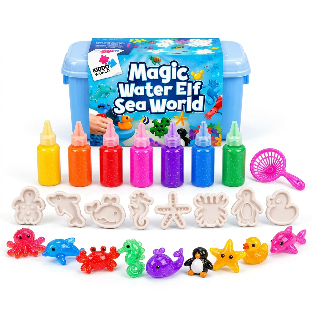 A Magic Water Squishies tárolódoboza színes gélekkel