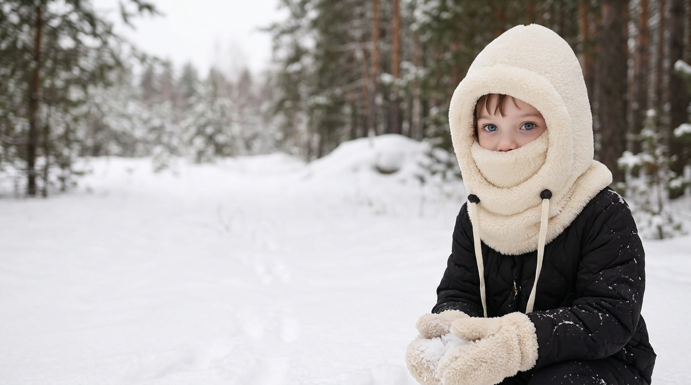 A child in a cream Snugglo Cloud Hood crouching in fresh snow in a pine forest