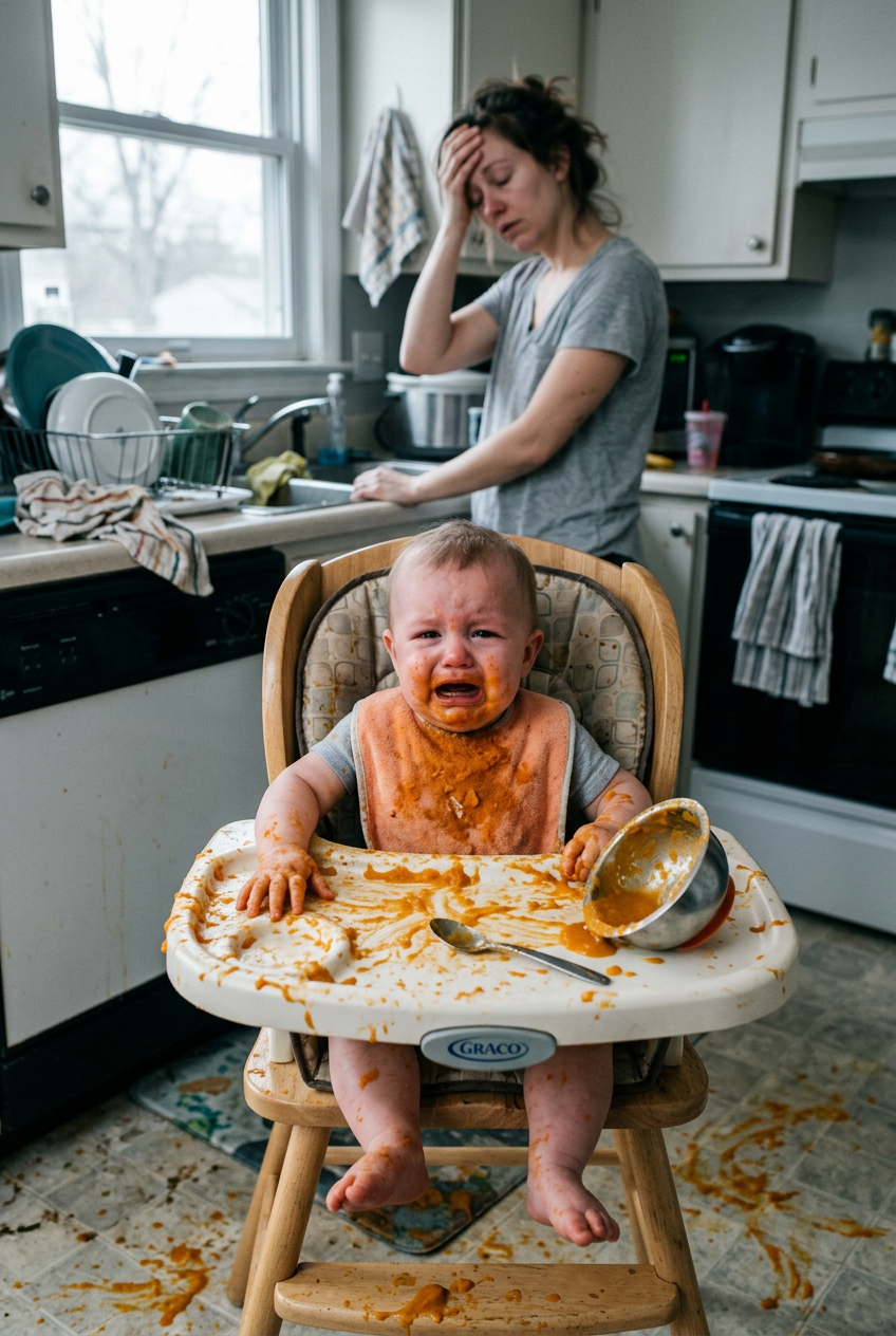 Before: crying baby covered in food from a bowl and regular spoon
