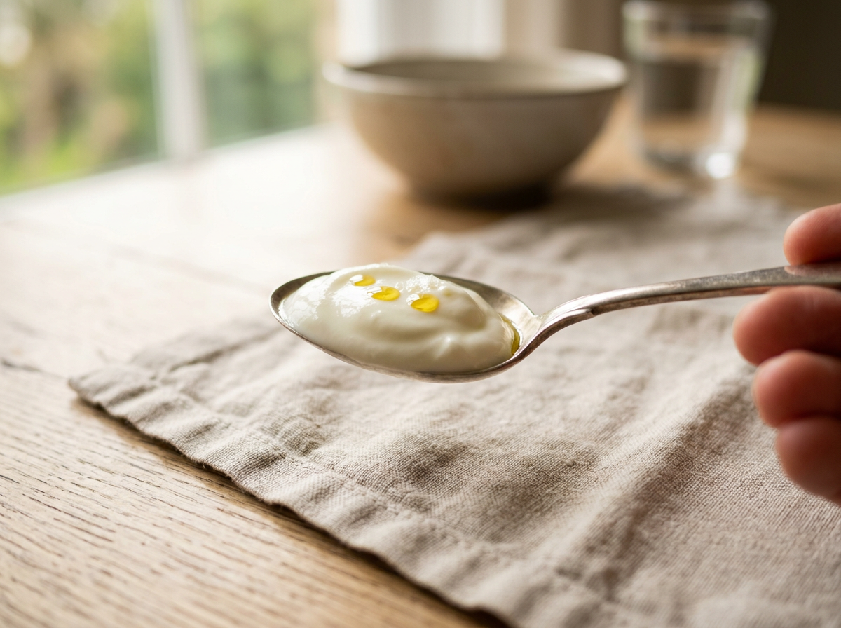 Spoon of yogurt topped with golden algae oil drops on a breakfast table